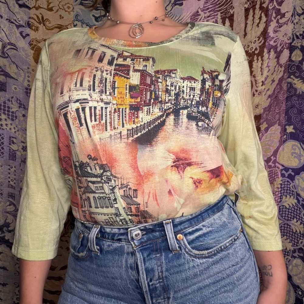 Early 2000's Green Indie Sleeze 3/4 Sleeve Graphic Tee Boho Granola Euro Size XL